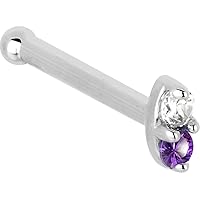 Solid 14k White Gold Clear Purple 1.5mm CZ Marquise Nose Stud Bone 18 Gauge 1/4