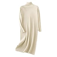 Women Autumn Winter Vintage Chic Pullover Dress Turtleneck Long Sleeve Straight Casual Mid-Calf Dresses
