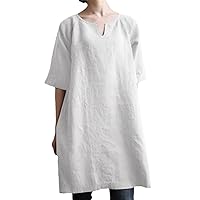 Women's Cotton Linen Dress Solid Color Short-Sleeved Round Neck Retro Knee-Length Dresses