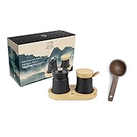 Bali Black Cast-Iron Pepper Mill & Salt Cellar With Wooden Tray Gift Boxed- With Wooden Spice Scoop