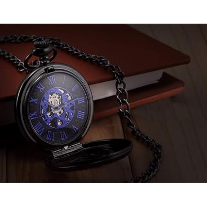 LYMFHCH Steampunk Blue Hands Scale Mechanical Skeleton Pocket Watch with Chain Mens Womens Watch Christmas Graduation Birthday Gifts Fathers Day