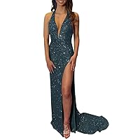 Prom Dresses Sexy Deep V-Neck Sequins Long Mermaid with High Slit Sparkly Formal Evening Gowns for Wedding Guest Backless