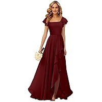 Burgundy Plus Size Bridesmaid Dresses for Women Short Ruffle Sleeve Chiffon Square Neck Long Formal Evening Dress Size 26W