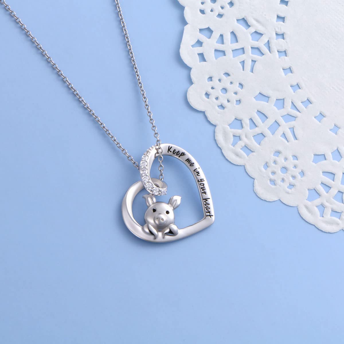 FLYOW 925 Sterling Silver Cubic Zirconia Engraved Keep Me in Your Heart Cute Pig Heart Pendant Necklace for Women Teen Girls Birthday Valentine's Day Gifts, 18 inch
