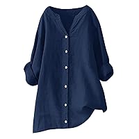 Womens Cotton Button Down Shirts Casual Rolled Long Sleeve Tops Loose Fit Collared Linen Plain Work Blouse Tops