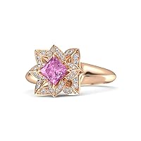 1.00Ctw Beautiful Lotus Engagement Wedding Bridal Ring Princess Cut Pink Sapphire & CZ Diamond 925 Sterling Sliver