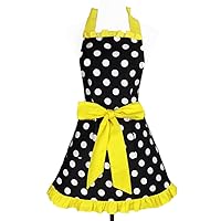 Hyzrz Cute Apron Retro Black Polka Dot Retro Ruffle Side Vintage Cooking Aprons with Pockets for Women Girls (Side Yellow)