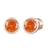 Bezel Set Round Cut Created Gemstones (8MM) Solitaire Stud Earrings 14K Rose Gold Over .925 Sterling Silver For Women's