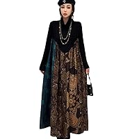 Women Long Sleeve Turtleneck Pullover Dress Loose Mid-Length Printing High Waist Dress Black Spring Autumn