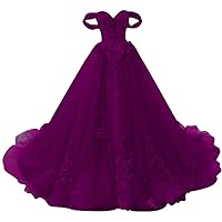 Women's Off The Shoulder Sweet 16 Quinceanera Dresses Lace Long Prom Ball Gowns Fuchsia
