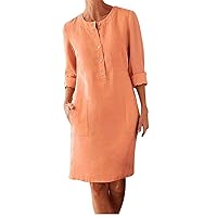 Women's Casual Dresses Cotton and Linen Summer Midi Dress Long Sleeve Rolled-Up Button Down Shirt Dress with Pockets