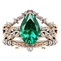 Vine Leaf Design 2.5 CT Emerald Engagement Ring Set Pear Shaped Emerald Antique Wedding Ring Set For Women Art Deco Emerald Bridal Ring Set Promise Ring Set Anniversary Ring Set
