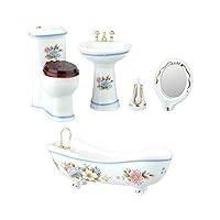 Dollhouse White Porcelain Bathroom Suite Blue Trim Miniature Furniture Set