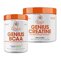 Genius BCAA Energy Powder, Grape Limeade, and Genius Micronized Creatine Monohydrate Powder, Unflavored, Nootropic Amino Acid Muscle Recovery and Post Workout Supplement Stack