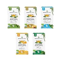 Miracle Tree - Organic Moringa Superfood Tea, 5 Pack Bundle, 5x25 Individually Sealed Tea Bags (Green Tea, Honey & Vanilla, Original, Lemon, Mint)