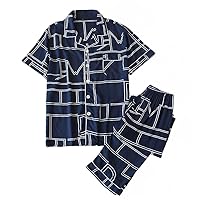 Men's Short Sleeve Button Down Long Pants Viscose 2 Piece Pajama Set Sleepwear Summer