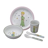 Petit Jour 5-Piece Gift Set for Children 6 Months + Melamine BPA-Free – Plate 18 cm, Cup 160 ml, Bowl 250 ml, Set of 2 Cutlery 14 cm – Dishwasher Safe – Le Petit Prince – Pink