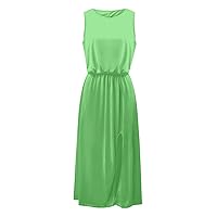 Women's Summer Dress Ladies Women Round Neck Sleeveless Tummy Dress Bohi Sleeveless Side Slit Maxi Dress(Green,4X-Large)