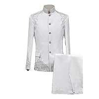 Men's Chinese Tunic Suit 2 Piece Vintage Mandarin Collar Blazer Pant Set Traditional Luxury Formal Suit Sets (White,Small)