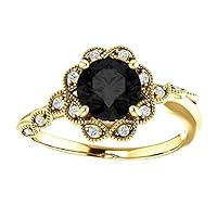 1.00 CT Vintage Floral Black Diamond Engagement Ring 14k Yellow Gold, Antique Flower Natural Black Diamond Ring, Victorian Floral Black Diamond Ring, Awesome Ring For Her