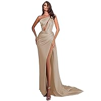 One Shoulder Mermaid Prom Dresses with Split Satin Cut Out Long Pleated Formal Evening Party Gown 2023 Elegant FL0066