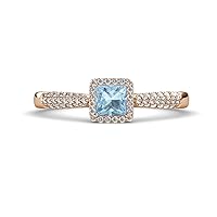 Princess Cut Aquamarine and Round Diamond 1 1/10 ctw Womens Micro Pave Tapered Shank Halo Engagement Ring in 14K Gold