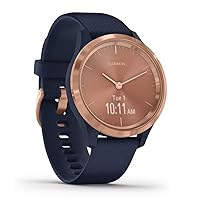 Garmin vivomove 3s, Smaller-Sized Hybrid Smartwatch with Real Watch Hands and Hidden Touchscreen Display, Rose Gold with Navy Blue Case and Band (Renewed)