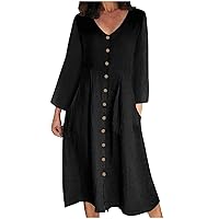 Womens Linen Shirt Dress Summer Casual Long Sleeve Button Down V Neck Plus Size Beach Cover Up Shirts with Pockets