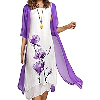 Womens Casual Two-Piece Set Floral Print Maxi Dress with Cardigan Wedding Guest Dresses 3/4 Sleeve Mother of The Bride Bohemian Style Dresses Plus Size 4X-Large