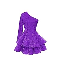 One Shoulder Short Sequin Homecoming Dresses for Teens Sparkly Layered Long Sleeve Cocktail Gown U016