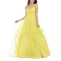 Spaghetti Straps Glitter Tulle Evening Dresses V Neck Yellow Prom Dresses Long Ball Gown