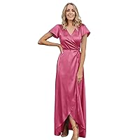Basgute Satin Short Sleeve Bridesmaid Dresses for Wedding Wrap Slit Long A Line Maxi Formal Evening Party Gown for Women