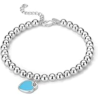 Women's 925 Sterling Silver Plated 5mm Beads Link Bracelets Jewelry with a Color Small Love Heart Pendant