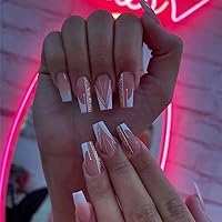 Pink Fake Nails French Sequins Glitter Acrylic White Artificail Long Press on Nails, Full Cover Fake Nails with Design Nail Tips for Women&Girls,24PCS