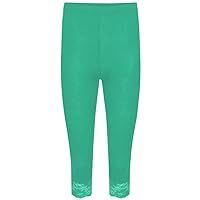 New Womens Lace Trim Plain 3/4 Leggings Gym Stretch Capri Cropped Jogging Pants Jade Green