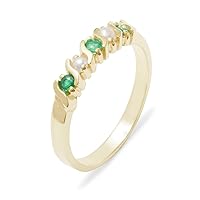 Solid .417 10k Yellow Gold Real Genuine Emerald & Cultured Pearl Womens Eternity Band Ring