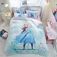 100% Cotton Kids Bedding Set Girls Frozen Elsa and Anna Princesses Duvet Cover and Pillow Cases and Fitted Sheet,4 Pieces,Queen