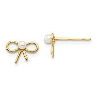 14k Yellow Gold Polished Madi K Freshwater Cultured Pearl for boys or girls Bow Post Earrings Measures 6x9mm Wide