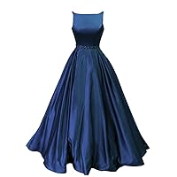 Prom Dresses Long Satin Beaded A-Line Formal Ball Gown for Women With Pockets Navy Blue Size 8