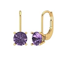 1.4ct Round Cut Solitaire Simulated Alexandrite Unisex Pair of Lever back Drop Dangle Earrings 14k Yellow Back conflict free