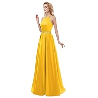 Women's Halter Prom Dresses Satin Beaded Floor Length Evening Party Bridesmaid Gowns
