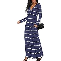 Women's Casual Summer Print StripedDress V Neck Long Sleeve High Waist Dresses Deep Sleeves with Belt Loose Drawstring Flowy