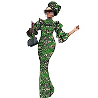Flare Sleeve African Dresses for Women Bazin Riche Triditional Bodycon Dress with Headwarp