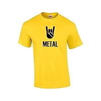Heavy Metal Short Sleeve T-Shirt Rock On Metal Music Alternative Bullhorn Horns Hairbands 80's 90's-Yellow-Medium