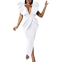 Memoriesea Women's Sexy Deep V Neck Puff Sleeve Side Split Ruched Backless Gown Dress
