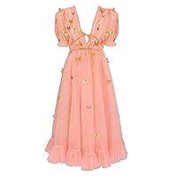 Tulle Puffy Sleeves Prom Dress V Neck A-Line Homecoming Dress Sexy Backless 3D Butterfly Midi Cocktail Dress