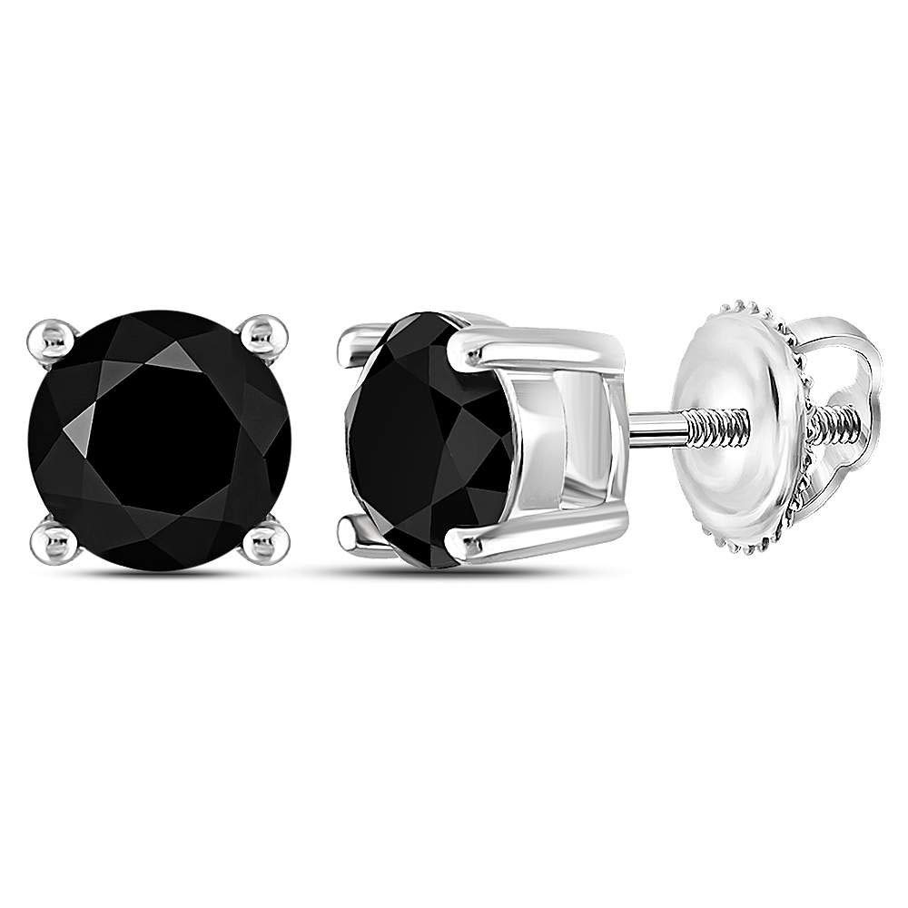 The Diamond Deal 10kt White Gold Unisex Round Black Color Enhanced Diamond Stud Solitaire Earrings 1-1/2 Cttw
