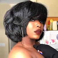 Yaki Straight Bob Human Hair Wig With Bangs Scalp Top Wavy Bob Full Machine Made Wigs for Black Women Italian Yaki Straight Short Pixie Cut Glueless None Lace Front Wig Natural Color 180% Density 10Inch