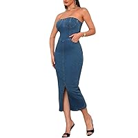 Women Sexy Strapless Tube Top Denim Midi Dress Off Shoulder Bodycon Party Jean Dress for Women 2024