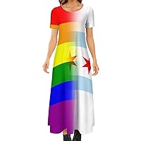 LGBT Pride Chicago Flag Women's Maxi Dress Crewneck Casual Long Dress Short Sleeve Evening Dresses